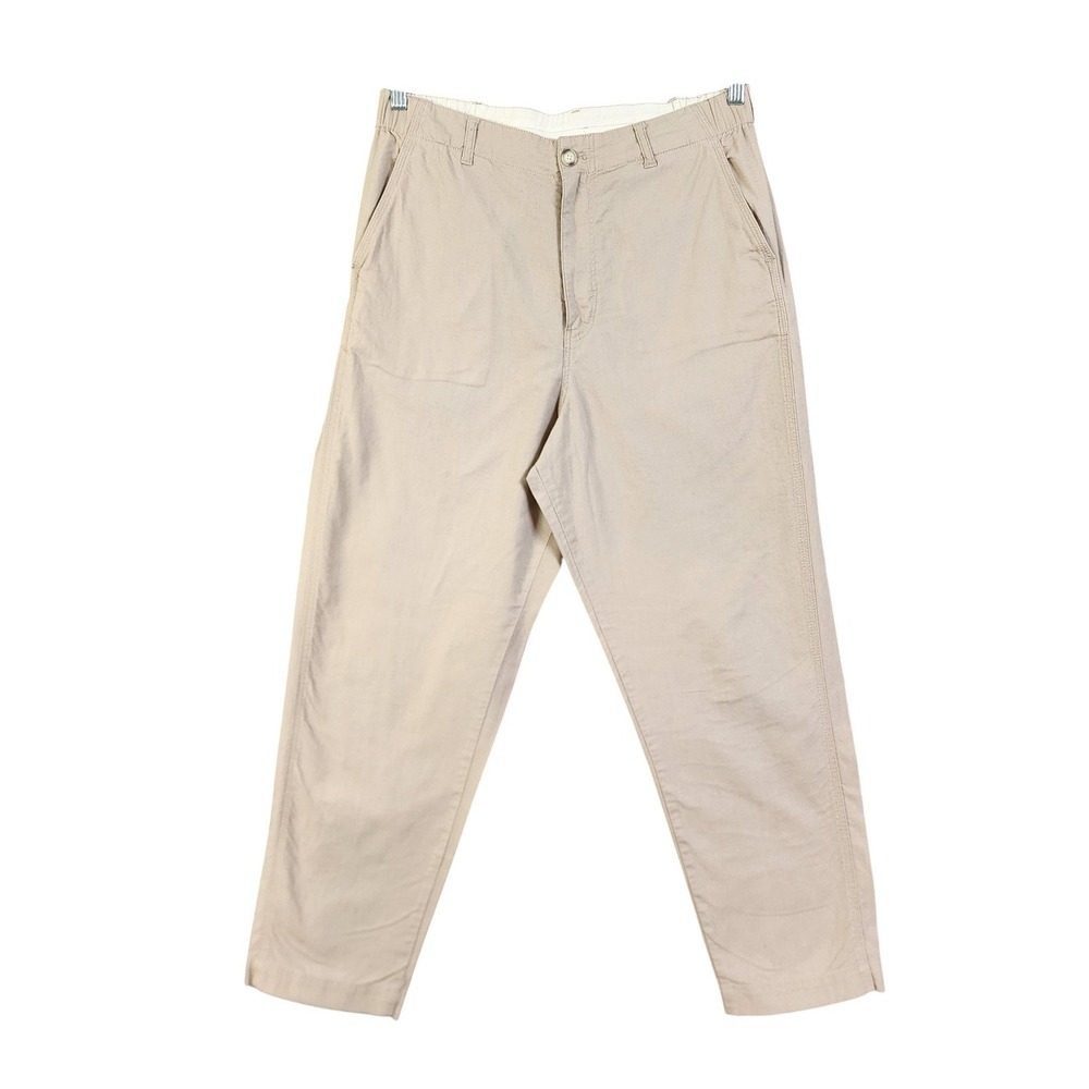 UNIQLO Mens Linen Cotton Chino Pant Size Large Khaki Tapered Leg Relaxed Natural